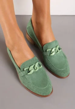 Zielone Mokasyny ze Skórzaną Wkładką Ażurową Cholewką i Łańcuchem Egadde