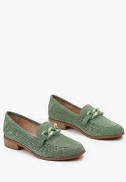 Zielone Mokasyny ze Skórzaną Wkładką Ażurową Cholewką i Łańcuchem Egadde