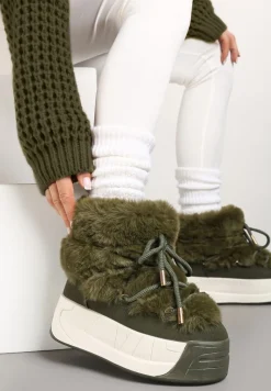 Zielone Śniegowce na Platformie ze Sznurowaniem i Futerkiem Savithira