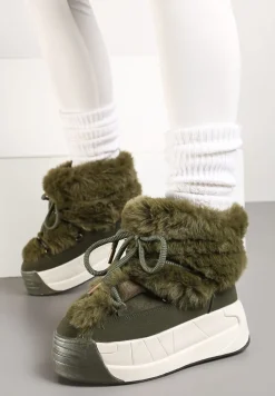 Zielone Śniegowce na Platformie ze Sznurowaniem i Futerkiem Savithira