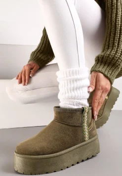 Zielone Śniegowce na Wsuwanie z Ozdobnym Paskiem i Grubą Podeszwą Veonli