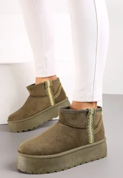 Zielone Śniegowce na Wsuwanie z Ozdobnym Paskiem i Grubą Podeszwą Veonli