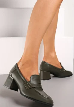 Zielone Półbuty na Niskim Słupku z Ozdobnym Paskiem i Kwadratowym Noskiem Porride