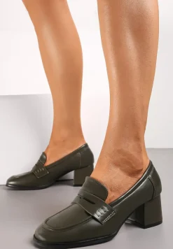 Zielone Półbuty na Niskim Słupku z Ozdobnym Paskiem i Kwadratowym Noskiem Porride