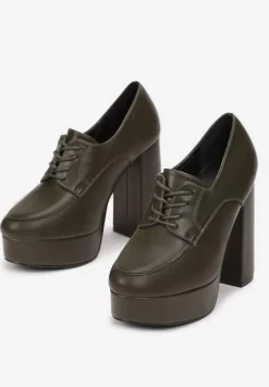Zielone Półbuty na Słupkowym Obcasie z Wiązaniem i Okrągłym Noskiem Adocia