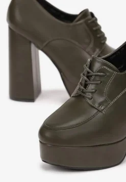 Zielone Półbuty na Słupkowym Obcasie z Wiązaniem i Okrągłym Noskiem Adocia