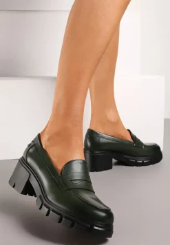Zielone Półbuty na Słupku z Bieżnikiem ze Skórzaną Wkładką i Przeszyciami Ivirana