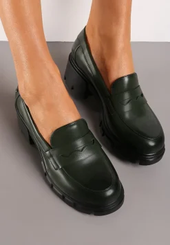 Zielone Półbuty na Słupku z Bieżnikiem ze Skórzaną Wkładką i Przeszyciami Ivirana