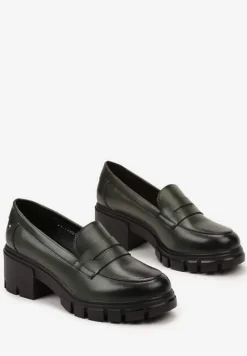 Zielone Półbuty na Słupku z Bieżnikiem ze Skórzaną Wkładką i Przeszyciami Ivirana