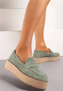 Zielone Półbuty w Stylu Mokasynów z Imitacji Zamszu na Platformie Vhisper