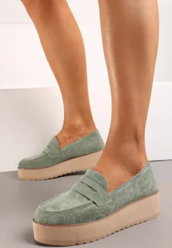 Zielone Półbuty w Stylu Mokasynów z Imitacji Zamszu na Platformie Vhisper