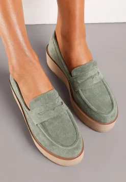 Zielone Półbuty w Stylu Mokasynów z Imitacji Zamszu na Platformie Vhisper