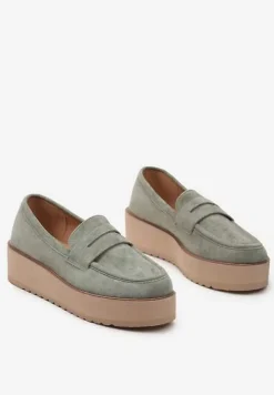 Zielone Półbuty w Stylu Mokasynów z Imitacji Zamszu na Platformie Vhisper