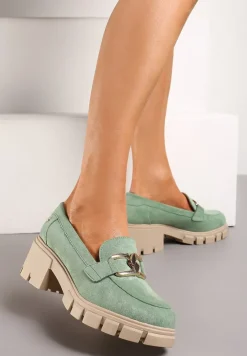 Zielone Półbuty ze Skórzaną Wkładką na Niskiej Platformie i Słupku z Ozdobną Klamrą Salpani