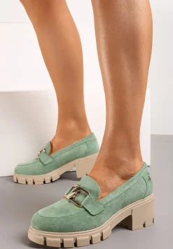 Zielone Półbuty ze Skórzaną Wkładką na Niskiej Platformie i Słupku z Ozdobną Klamrą Salpani