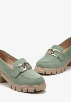 Zielone Półbuty ze Skórzaną Wkładką na Niskiej Platformie i Słupku z Ozdobną Klamrą Salpani
