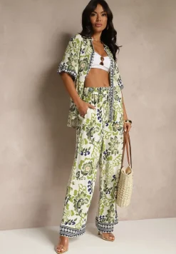 Zielone Proste Spodnie z Wiskozy z Gumką w Pasie Lissine