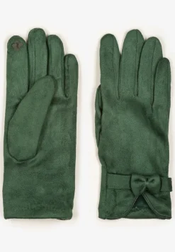 Zielone Rękawiczki Dzianinowe z Bawełną Ozdobione Kokardą Tessemi