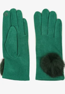 Zielone Rękawiczki z Bawełną Ozdobione Futrzanym Pomponem Nadelina