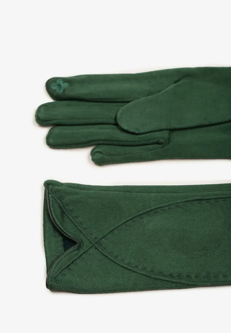 Zielone Rękawiczki Zimowe z Bawełną Ozdobione Przeszyciami Delatlina