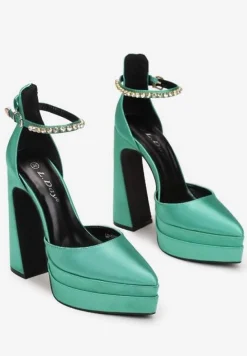 Zielone Satynowe Czółenka na Słupku i Platformie Darlo