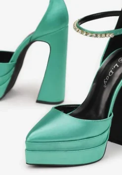 Zielone Satynowe Czółenka na Słupku i Platformie Darlo