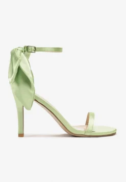 Zielone Satynowe Sandały na Szpilce z Kokardą Chetha
