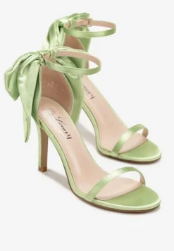 Zielone Satynowe Sandały na Szpilce z Kokardą Chetha