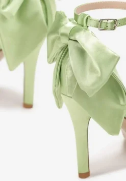 Zielone Satynowe Sandały na Szpilce z Kokardą Chetha