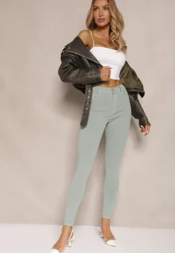 Zielone Skinny Jeansy z Bawełną High Waist Lorie
