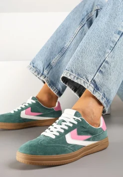 Zielone Sneakersy Skórzane w Stylu Tenisówek z Geometrycznym Motywem Erisane