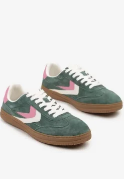 Zielone Sneakersy Skórzane w Stylu Tenisówek z Geometrycznym Motywem Erisane