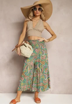 Zielone Spodnie Culottes z Bawełnianej Tkaniny Ozdobione Wzorem Paisley Gwinamas