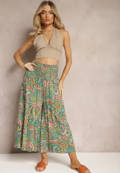 Zielone Spodnie Culottes z Bawełnianej Tkaniny Ozdobione Wzorem Paisley Gwinamas