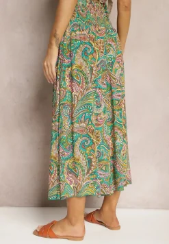 Zielone Spodnie Culottes z Bawełnianej Tkaniny Ozdobione Wzorem Paisley Gwinamas