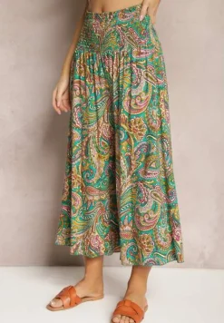 Zielone Spodnie Culottes z Bawełnianej Tkaniny Ozdobione Wzorem Paisley Gwinamas