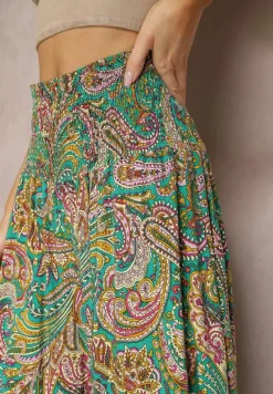 Zielone Spodnie Culottes z Bawełnianej Tkaniny Ozdobione Wzorem Paisley Gwinamas