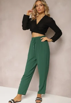 Zielone Spodnie o Luźnym Fasonie ze Sznurkiem i Gumką w Talii Enivea