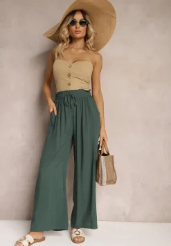 Zielone Spodnie z Bawełny High Waist z Szerokimi Nogawkami i Gumką w Pasie Clisea