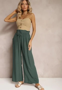 Zielone Spodnie z Bawełny High Waist z Szerokimi Nogawkami i Gumką w Pasie Clisea
