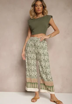 Zielone Spodnie z Bawełny High Waist z Abstrakcyjnym Wzorem Lisathiela