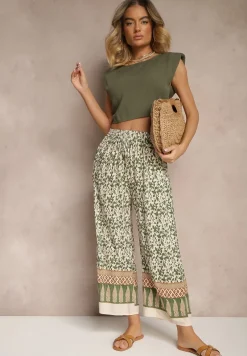 Zielone Spodnie z Bawełny High Waist z Abstrakcyjnym Wzorem Lisathiela