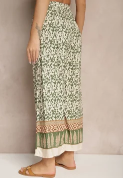 Zielone Spodnie z Bawełny High Waist z Abstrakcyjnym Wzorem Lisathiela