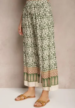 Zielone Spodnie z Bawełny High Waist z Abstrakcyjnym Wzorem Lisathiela