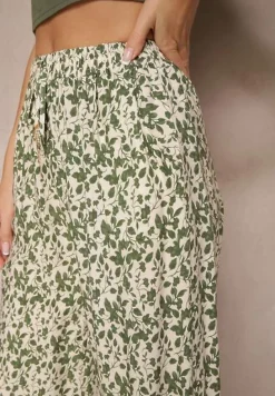 Zielone Spodnie z Bawełny High Waist z Abstrakcyjnym Wzorem Lisathiela