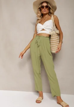 Zielone Spodnie z Bawełny Typu Paper Bag High Waist z Gumką w Talii Kitanea