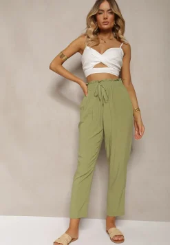 Zielone Spodnie z Bawełny Typu Paper Bag High Waist z Gumką w Talii Kitanea