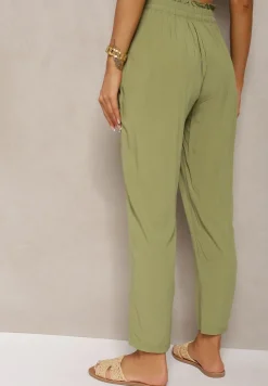 Zielone Spodnie z Bawełny Typu Paper Bag High Waist z Gumką w Talii Kitanea