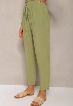 Zielone Spodnie z Bawełny Typu Paper Bag High Waist z Gumką w Talii Kitanea