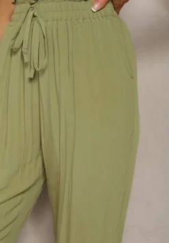 Zielone Spodnie z Bawełny Typu Paper Bag High Waist z Gumką w Talii Kitanea